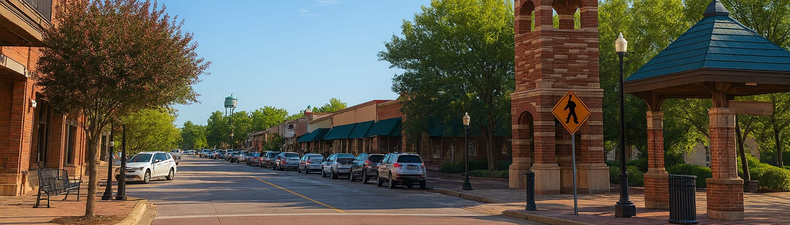 A small-town street lined with parked cars, brick buildings, trees, and a pedestrian crossing sign—perfect for a stroll or meeting your local business lawyer. A water tower rises in the background under a clear blue sky.